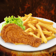 Pollo Broaster con Papas, Camote y Ensalada