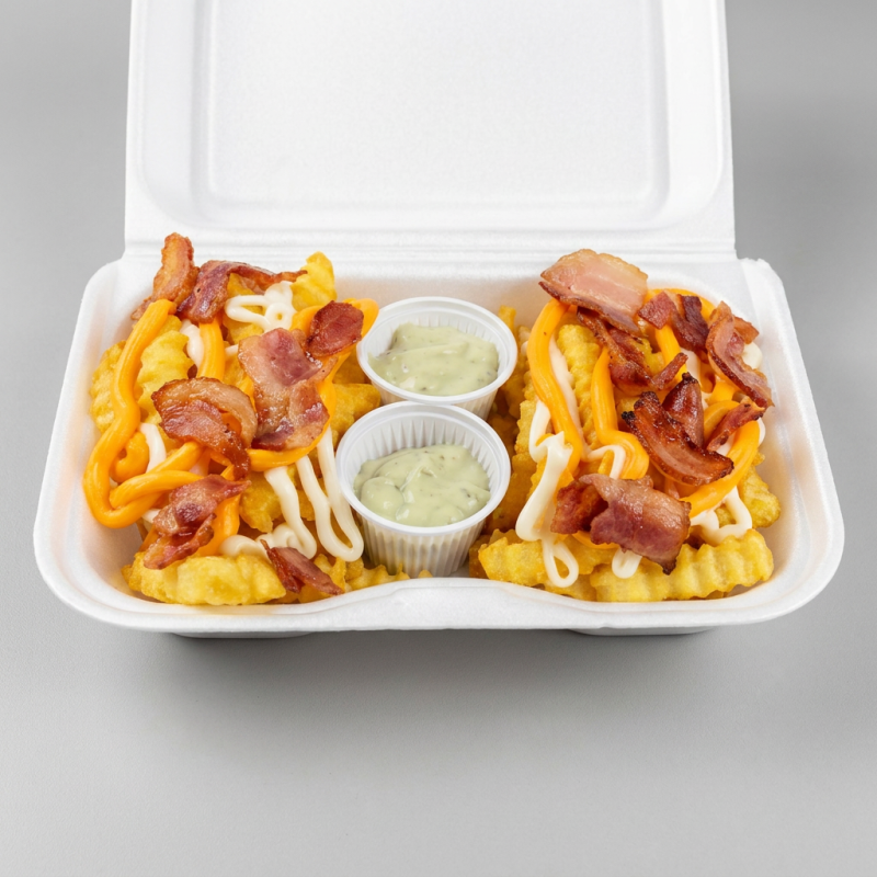 300 gramas de batata fritas, bacon , Catupiry e cheddar