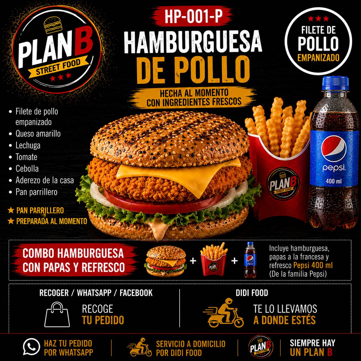 Filete de Pollo con Papas y Refresco PEPSI