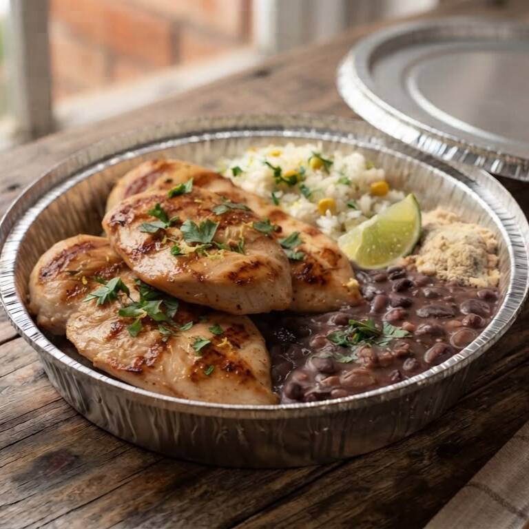 Frango Grelhado com feijão, arroz, macarrão com purê ou salada.