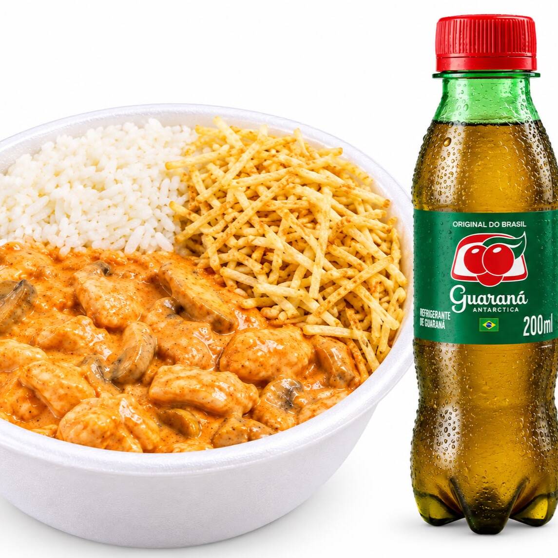 Uma deliciosa marmita de strogonoff cremoso, acompanhada de arroz soltinho e batata palha crocante, para matar a fome de verdade! E para completar, 1 Guaraná Antarctica de 200ml bem geladinha! É sabor, fartura e praticidade em um só combo! Peça já o seu e aproveite!