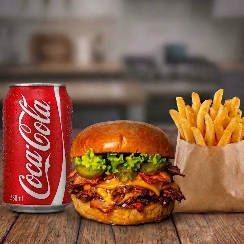 "Combo Golden Smash: A combinação perfeita de sabores intensos e texturas inigualáveis! Saboreie o nosso suculento Golden Smash Burger, preparado com dois suculentos smash de carne bovina de 75g, 1 fatia queijo cheddar derretido, alface fresca e crocante, picles artesanais para um toque de acidez equilibrado e tiras de bacon crocantes e saborosas, tudo em um pão brioche macio e amanteigado. Para completar essa experiência, desfrute de batatas fritas douradas e crocantes, temperadas na medida certa, e a sua escolha de refrigerante geladinho. Uma explosão de sabores que vai conquistar o seu paladar!"