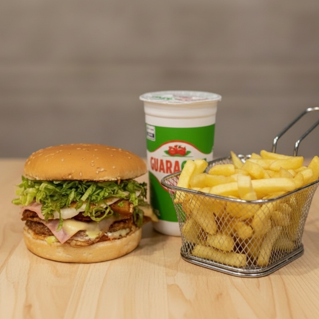 1 X-Tudo, 1 Guaracamp e uma Batata P. X-Tudo= Pão de corte, carne, ovo, queijo, presunto, bacon, linguiça, ketchup, molho verde e alface.