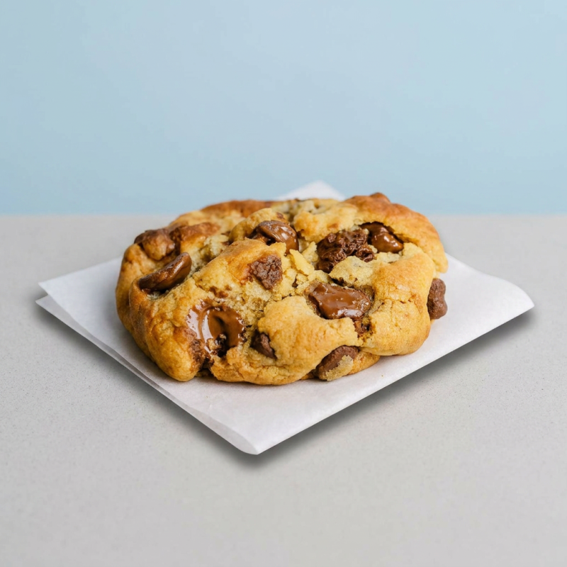 Massa de Baunilha, Gotas de chocolate ao Leite e Nozes. Todos os cookies são assados na hora do pedido.
