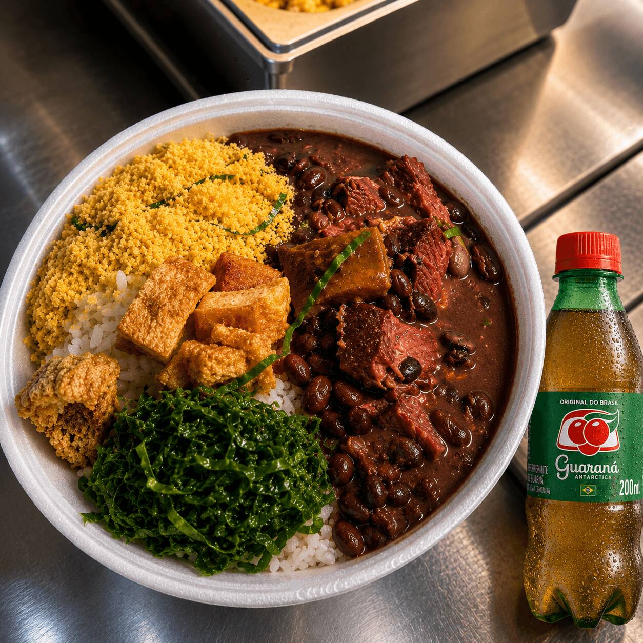 Arroz soltinho no alho, strogonoff com ketchup e batata palha separada.