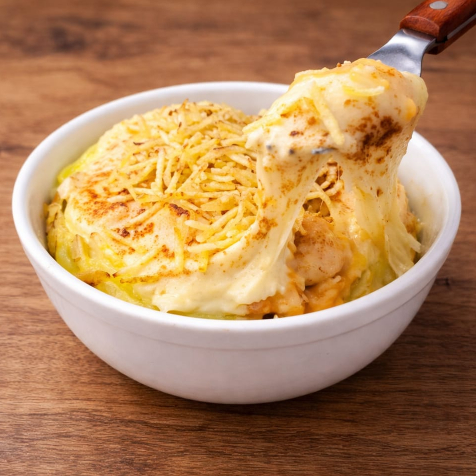 Batata super macia recheada com strogonoff de frango cremoso, finalizada com mussarela derretida e batata palha crocante