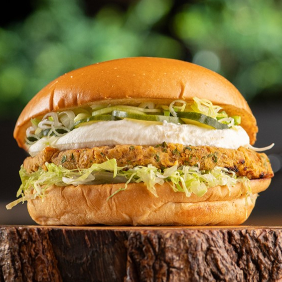 Hambúrguer vegetariano do Don, cream cheese, alho poró sautée, alface americana e picles.