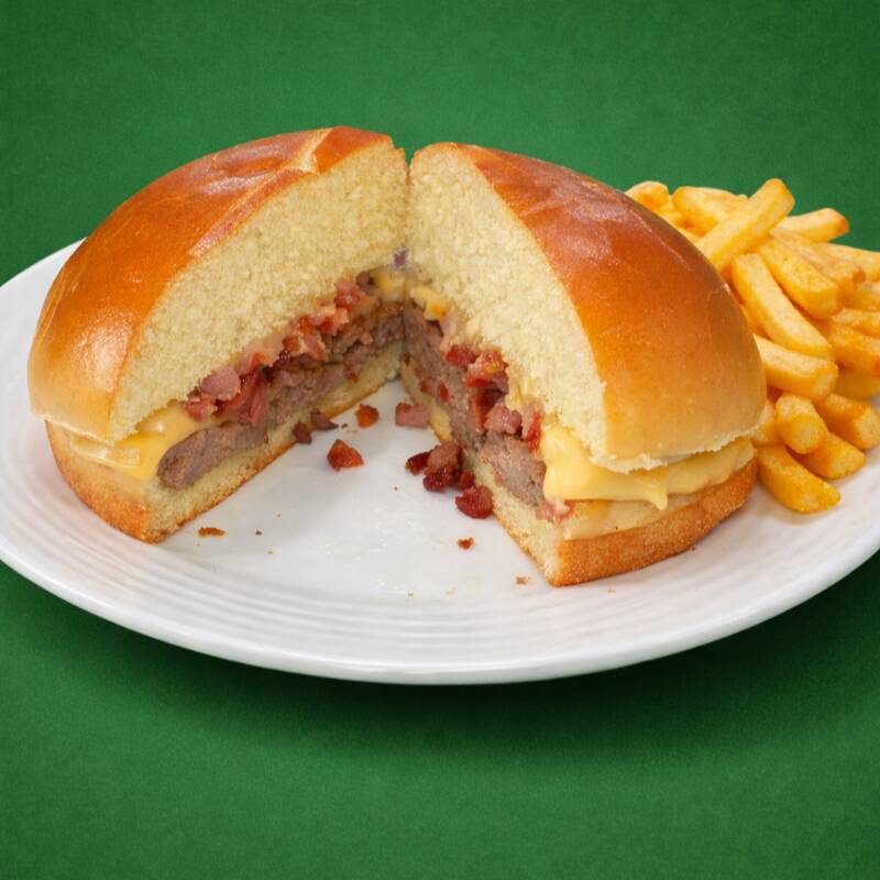 Pão, Hamburguer, Queijo, Bacon e Batatas Fritas