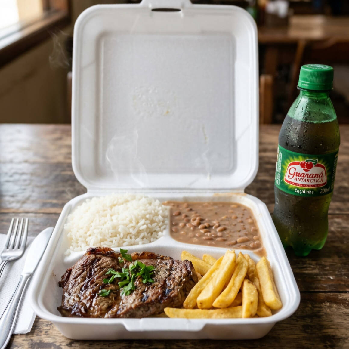 Acompanha arroz soltinho, feijão bem temperado, bife bovino macio e suculento, batata frita dourada e crocante e caçulinha bem gelada para finalizar.