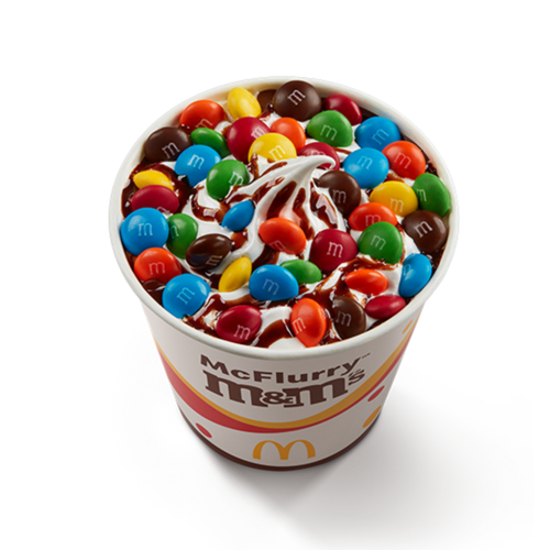 Sobremesa composta por bebida láctea sabor baunilha, cobertura sabor chocolate, caramelo ou morango e confeitos de chocolate M&M’s ao leite