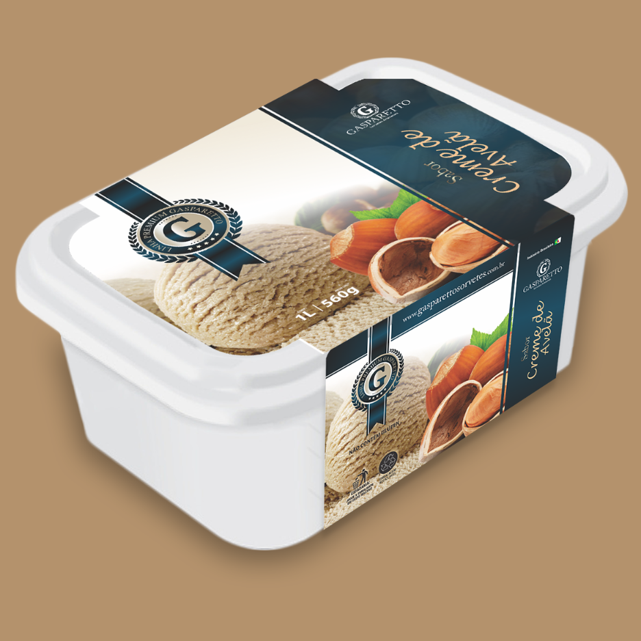 Sorvete artesanal Gasparetto sabor creme de avelã e cacau, com flocos de chocolate e avelãs. Pote 1L.
