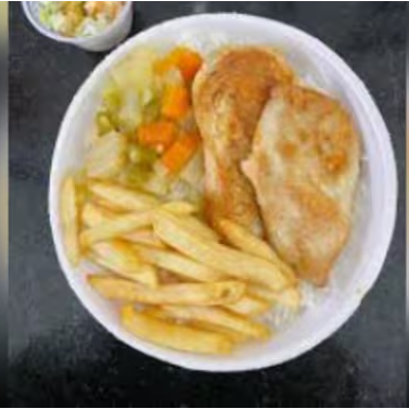 Arroz, feijao, batata frita e frango grelhado