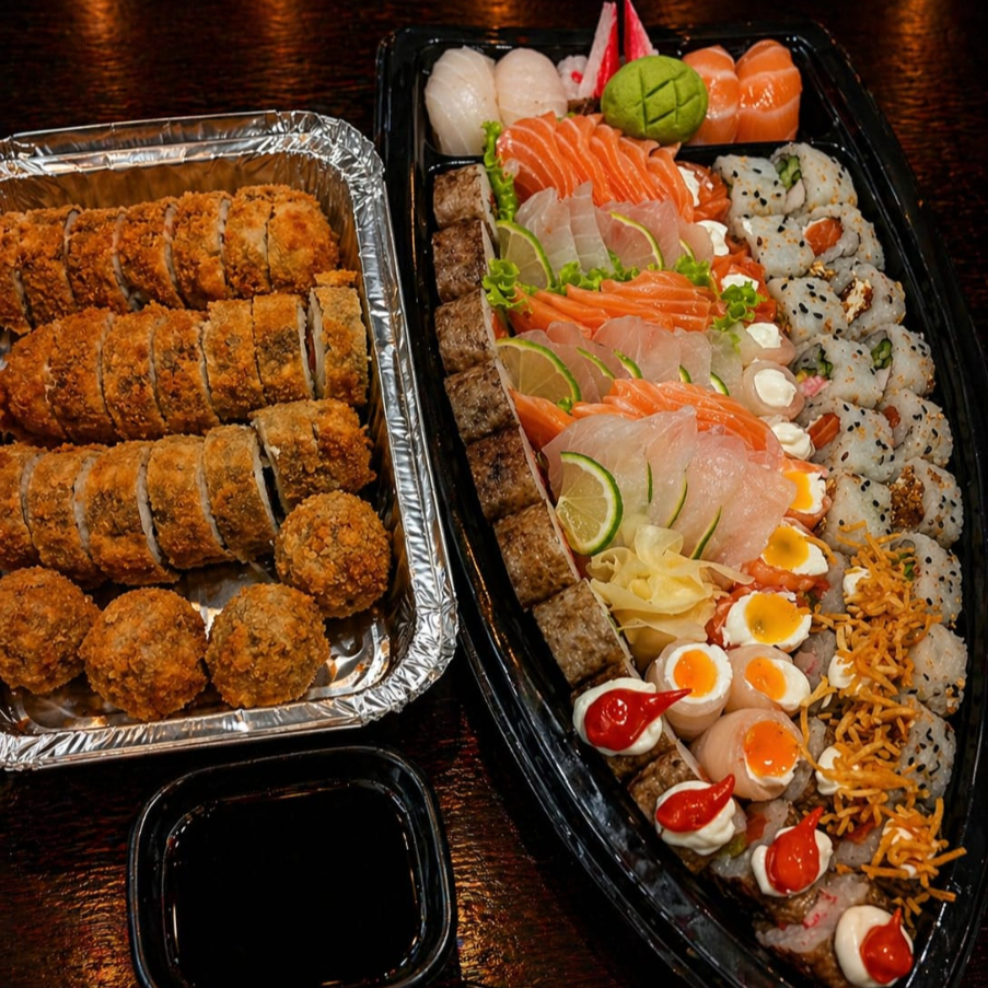 30 sushis variados, 12 gunkans, 6 niguiris, 15 salmão, 15 peixe branco, 12 hot rolls de salmão, 6 hot rolls de tilápia crocante, 4 croquetes de peixe Acompanha no pedido: 4 pares de hashi, 2 molhos teriaki e 2 molhos shoyo.