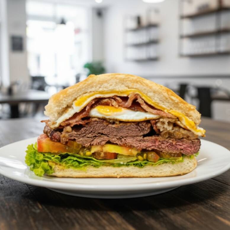 Pão francês, filé mignon, egg, queijo, alface, tomate e bacon