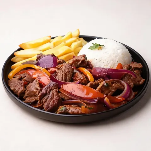 O melhor da culinária peruana. Filê mignon salteado em molho shoyu, vinagre, cebolas e tomates. Acompanha batata frita e arroz