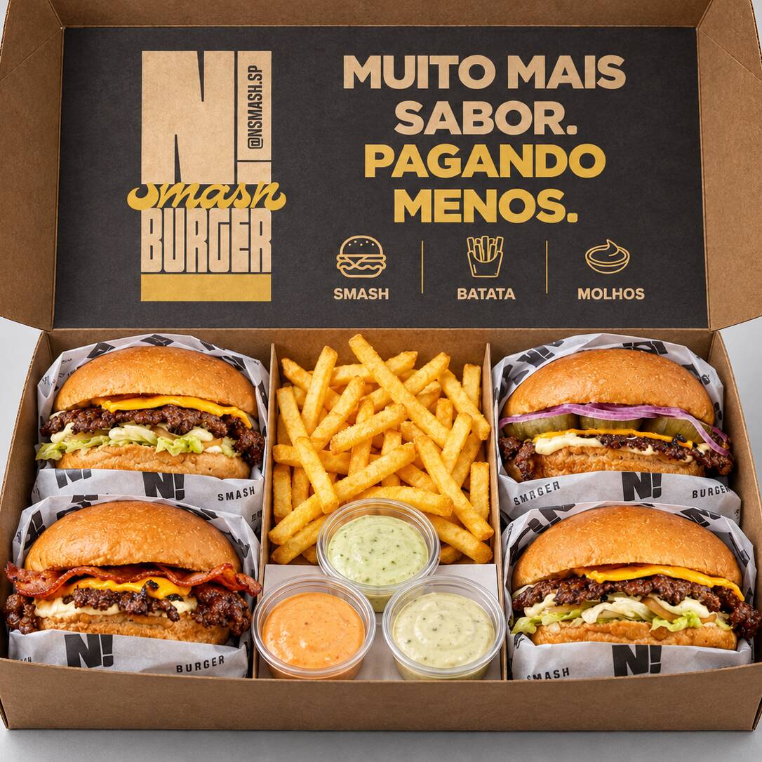Box Galera 4
Pra dividir sem complicação: burgers, batata frita fininha e 3 molhos da casa em um box feito pra compartilhar. Ideal pra reunir a galera e matar a fome de todo mundo.
Combo Composto por:
2 Smash Burger
2 Smash Salada
1 porção grande de Batata Frita Fininha (Novidade no Cardápio)
3 molhos