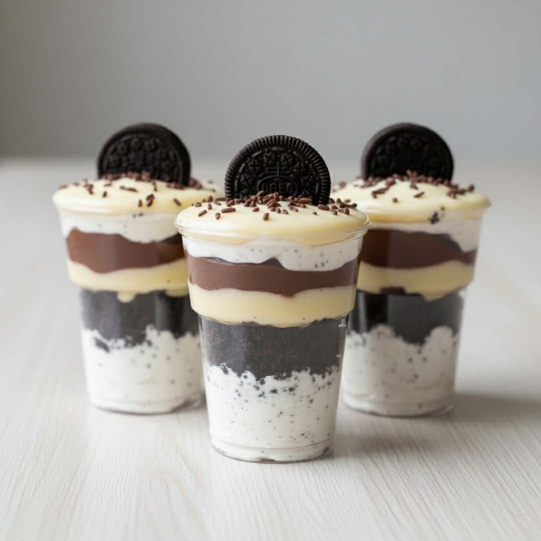 Camadas de Brownie Crocante, intercalado com brigadeiro, ninho e recheio de oreo. Copo 200 ml