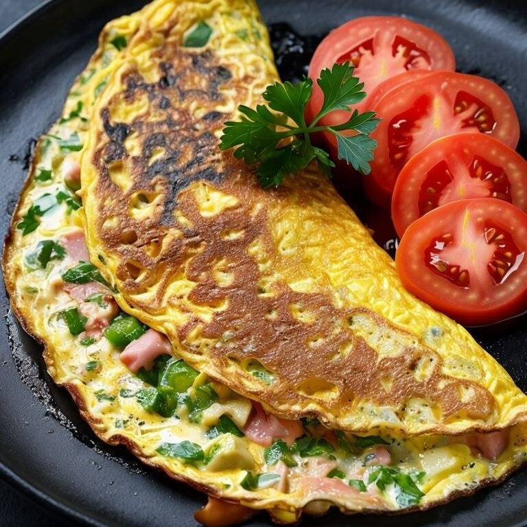 Omelete feito na hora, macio e bem temperado, preparado com ovos frescos e ingredientes selecionados.