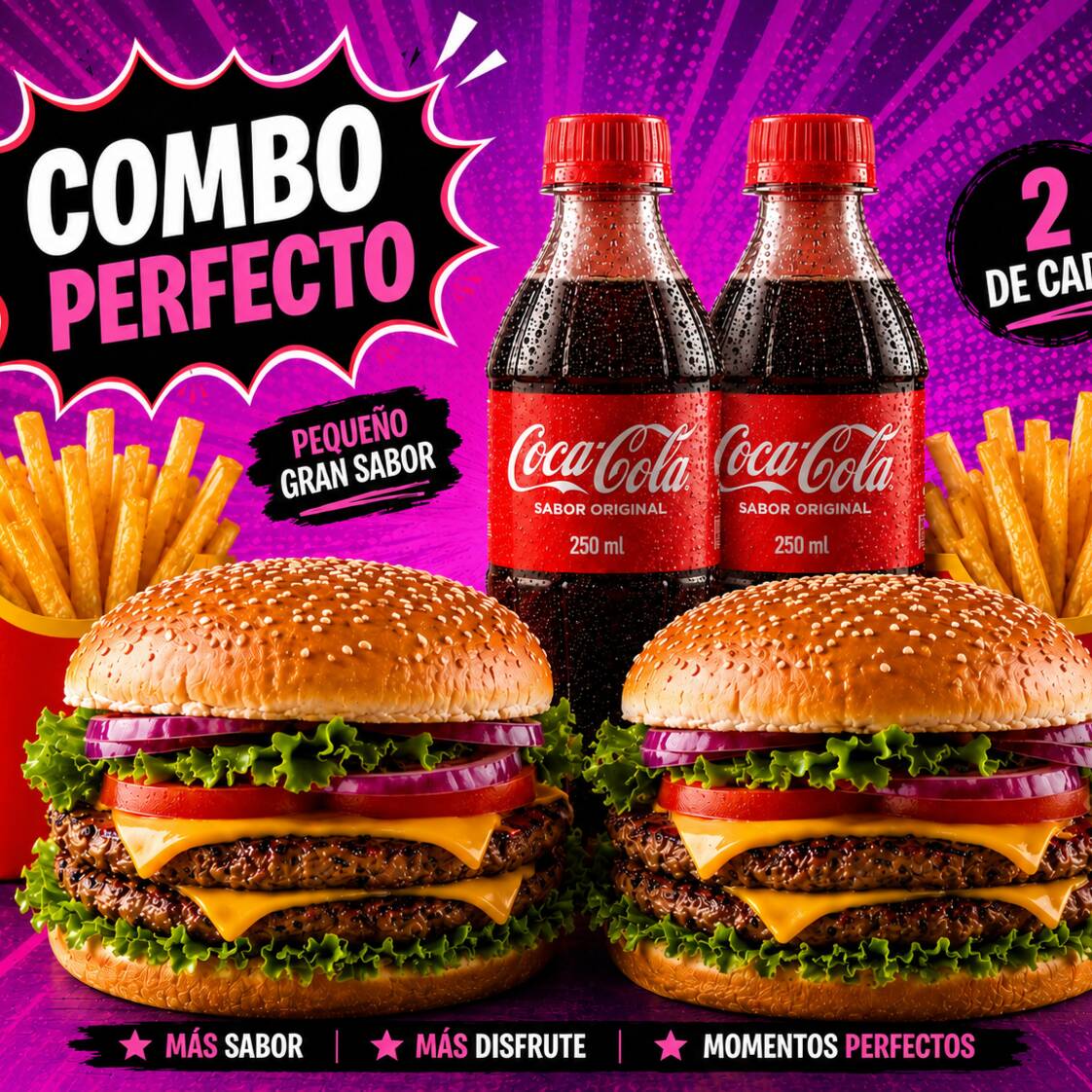 Hamburguesa 2 carne para 2 gaseosa GRATIS.