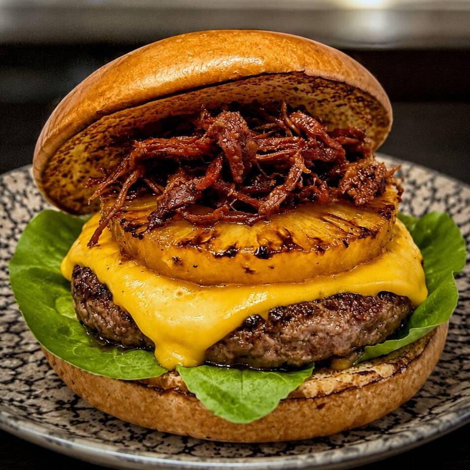 pão brioche selado, salada de rucula, blend de carne angus 130g, queijo cheddar, abacaxi caramelizado, e pulled pork defumado !