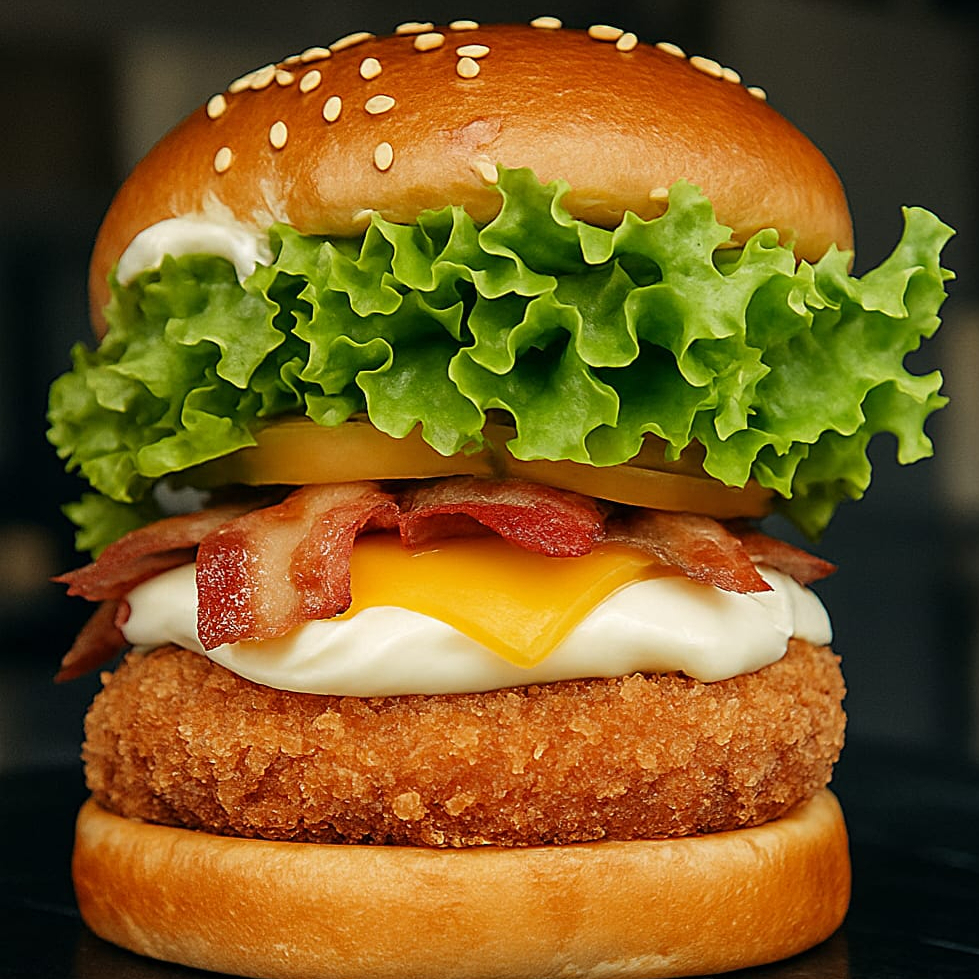 Pão brioche, burguer feito 100% com peito de frango empanado na panko, tomate, alface, bacon, queijo de sua preferencia e maionese.