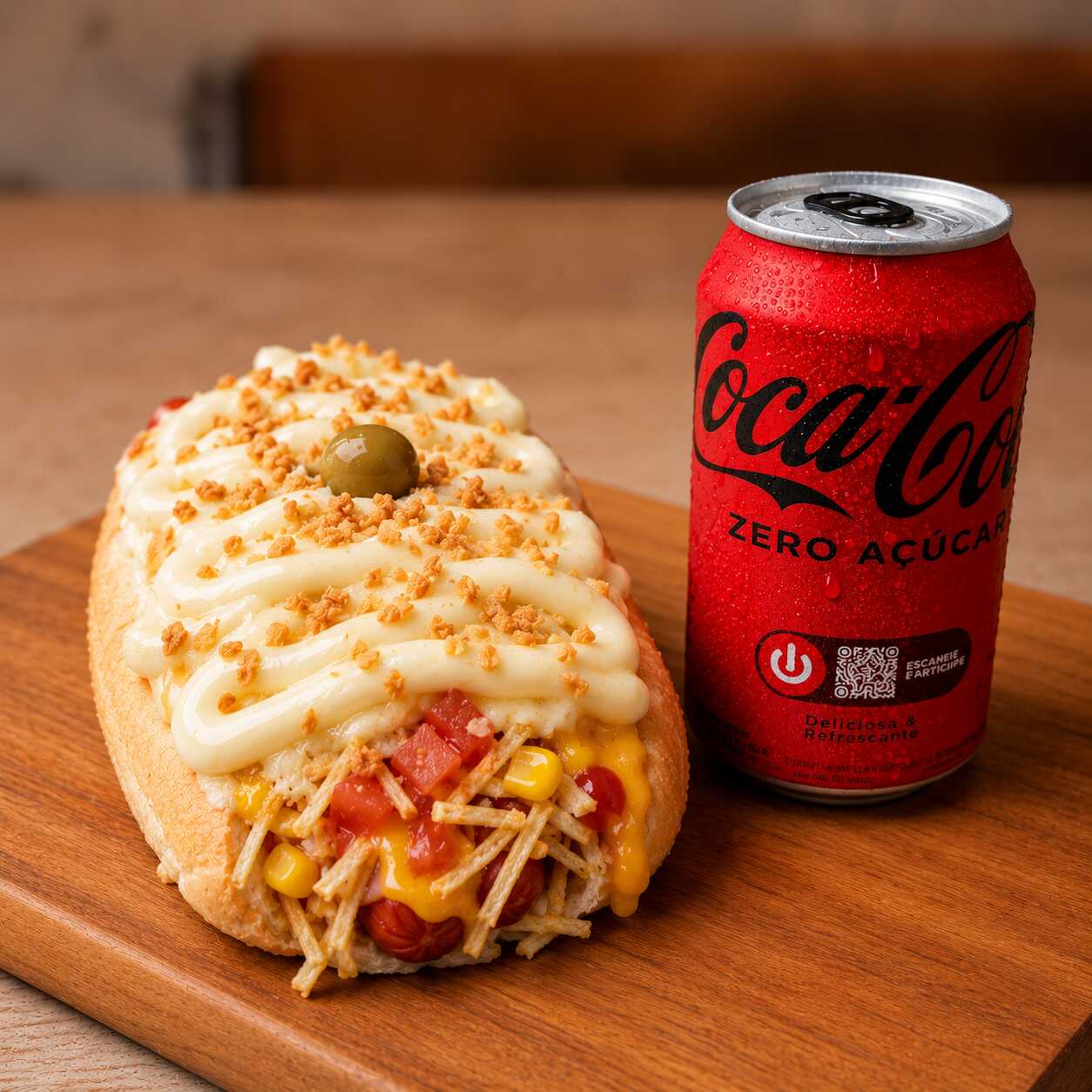 Pao 70 gramas, 2 salsicha, ketchup e mostarda, vinagrete sem cebolas, milho, batata palha, pure de batatas maravilhoso, Maionese hellmans temperada com pate de azeitonas pretas, catupiry ORIGINAL, alho frito e uma azeitona.