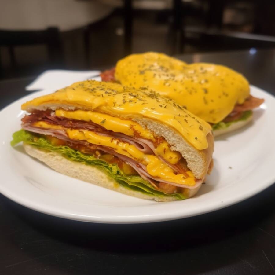 Lombinho apimentado, queijo, maionese, tomate e alface