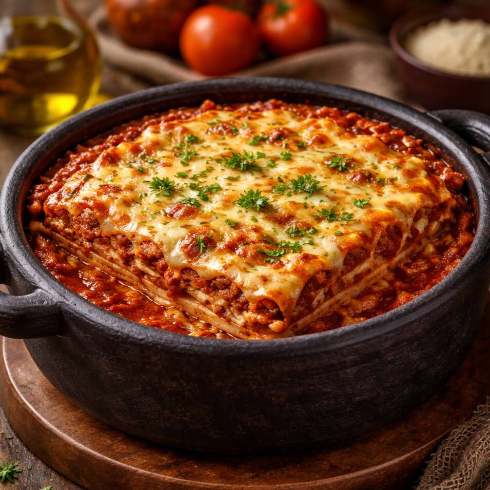 Carne moída selecionada, cozida no vinho tinto e molho de tomate, finalizada com molho bechamel e mozzarella gratinada.