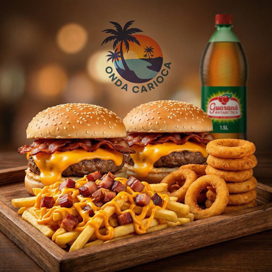 2 cheeser bacon acompanhado por batata frita com cheddar melt e bacon em cubos + 10 anéis de cebola. Grátis Guaraná Antarctica 1 litro.