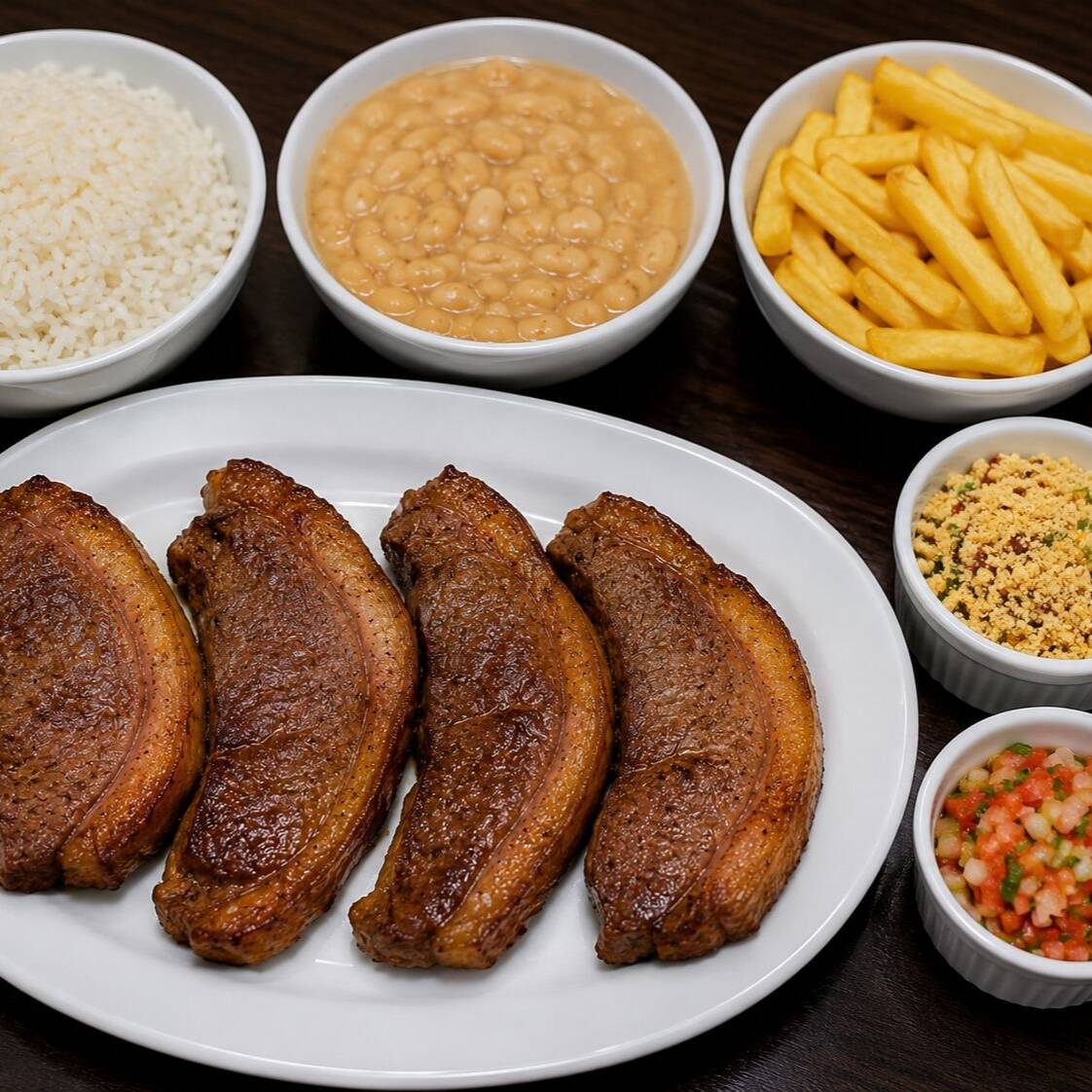 500 GR DE ARROZ
500 GR DE FEIJAO
400 GR DE VINAGRETE
400 GR DE BATATA FRITA
3 POTINHO DE FAROFA