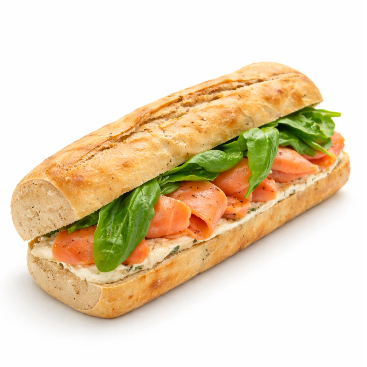 Pão ciabatta, pasta de cream cheese com limão-siciliano e salmão, temperados com azeite, flor de sal e pimenta moída na hora.