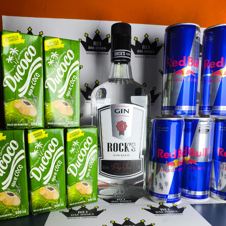 GIN ROCK´S TRADICIONAL 1L,5 RED BULL,5 GELOS DUCOCO,3 COPOS E 3 CANUDOS
