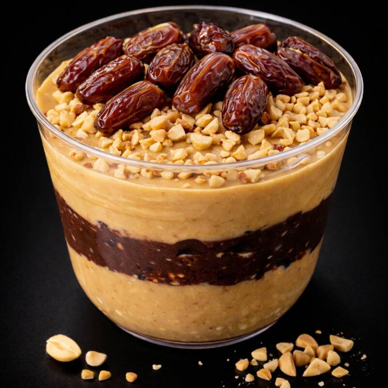 Pasta de amendoim integral, brigadeiro zero lactose e xerem de amendoim com tâmaras .