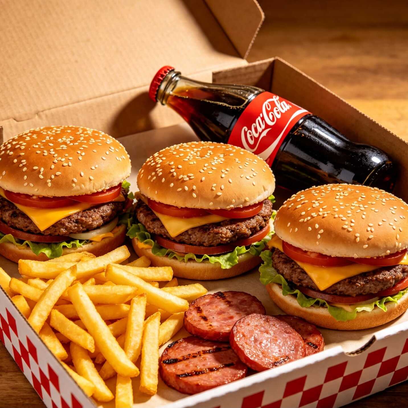3 HABURGUE ARTESANAL NA CAIXA BATATA FRITA CALABRESA REFRIGERANTE COCA COLA 600ML