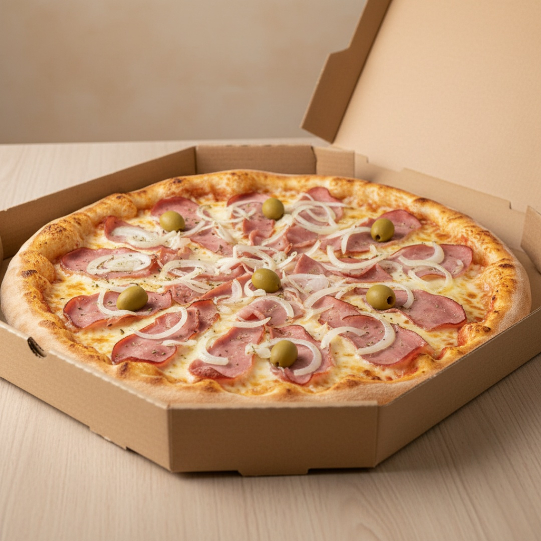 Saborosa pizza de portuguesa, presunto, ovo, cebola e mussarela