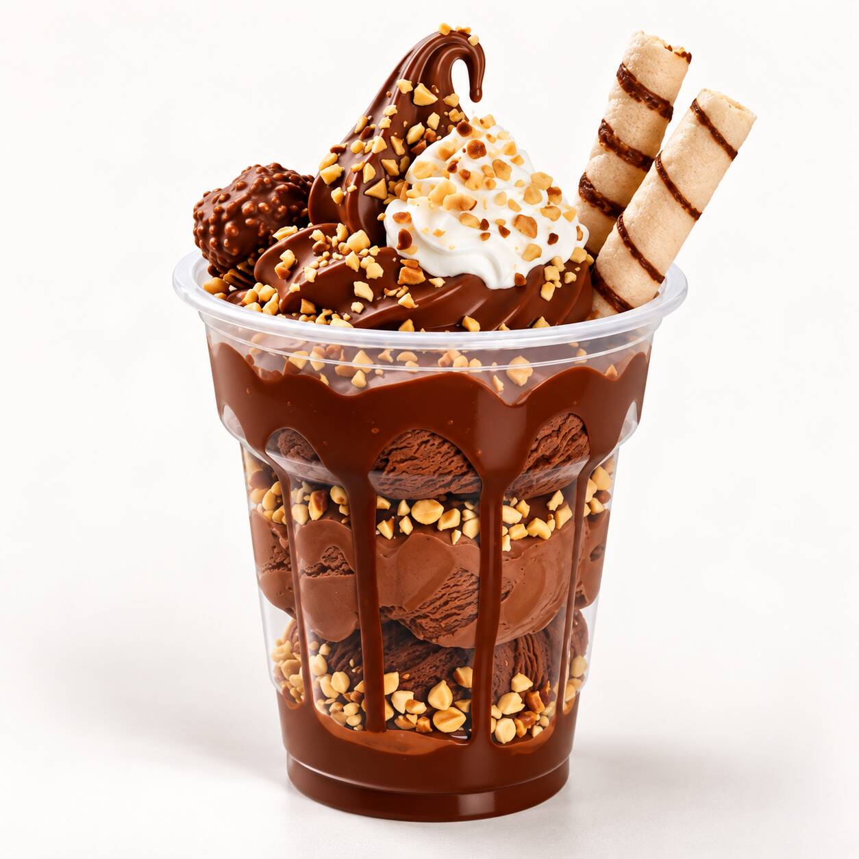 Delicioso sundae cremoso com com calda de avelã e amendoim especialy