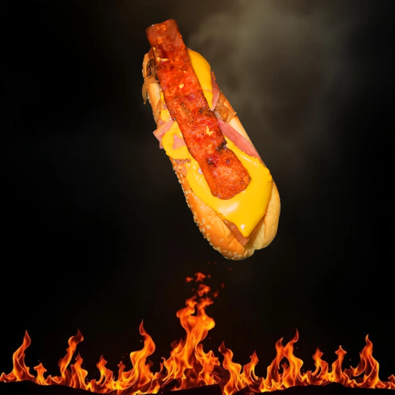 Hot Dog con Tocino, Jamon y Queso