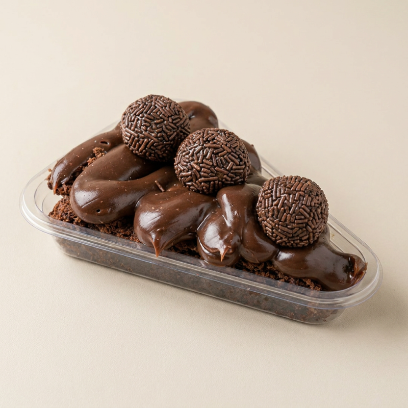 Nosso delicioso brownie recheado com brigadeiro meio amargo cremoso. E brigadeiros