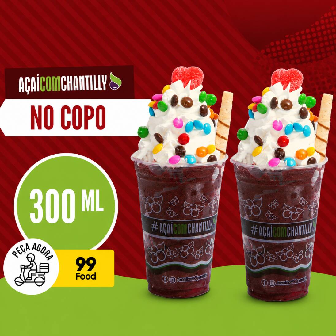 Seu açaí orgânico, batido com frutas de verdade, sem química, uma experiência incrível, montado no copo de 300ml com vários opções de doces e coberturas, e para fechar você pode escolher entre nosso delicioso chantilly artesanal