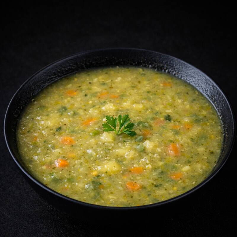 Sopa de legumes cremosa e leve, com textura aveludada e sabor natural que nutre e conforta.