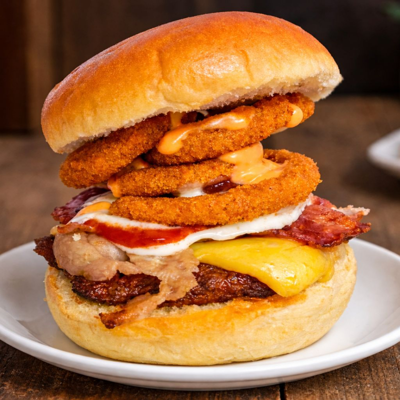 Carne de patinho, 4 onions rings, bacon, queijo, molho especial