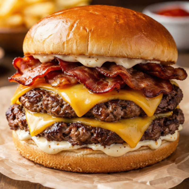Brioche fofinho, dois blends de 60g super suculentos, cheddar bem derretido, bacon crocante e o nosso molho especial que dá o toque final perfeito. Um lanche cheio de sabor, daqueles que dá vontade de repetir!
