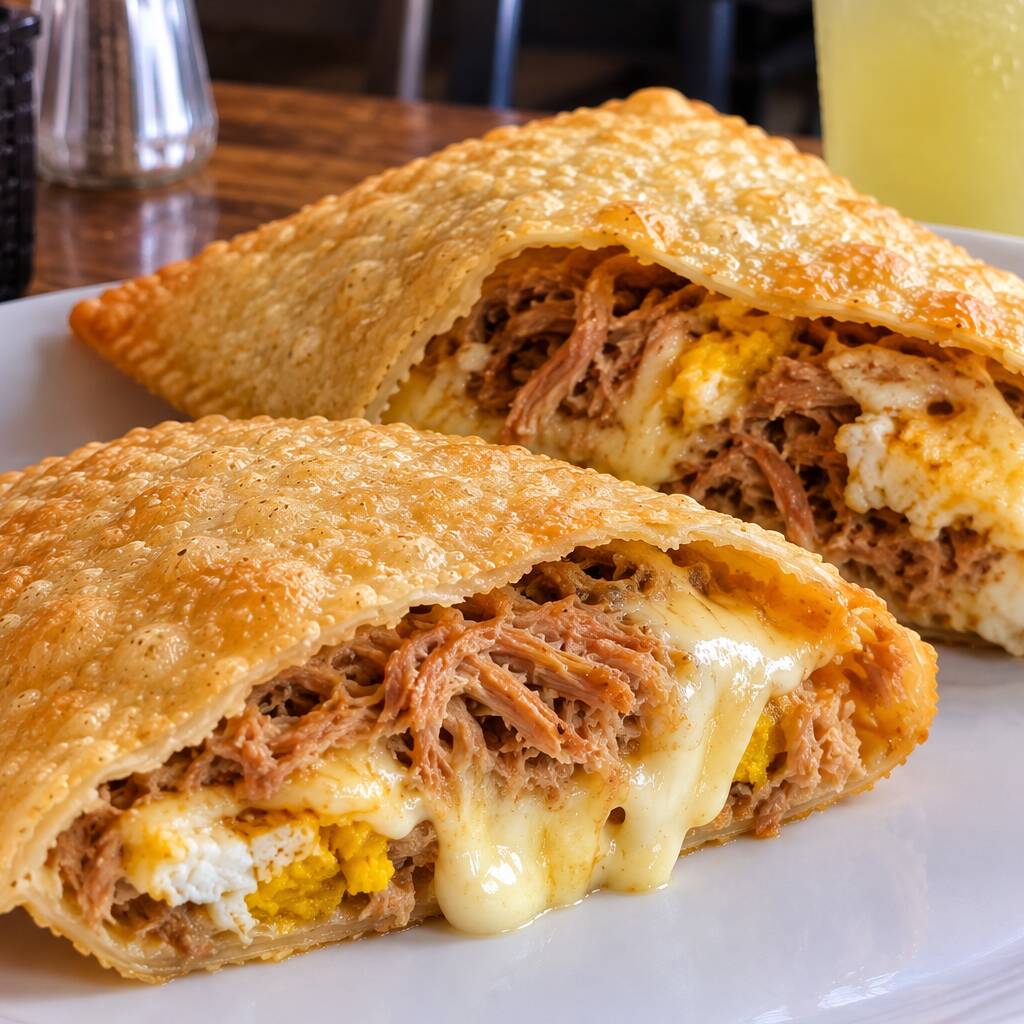 Pernil desfiado e bem temperado, queijo derretido e ovo, em uma combinação caprichada, suculenta e cheia de sabor. Tudo envolvido em uma massa crocante e douradinha. Um pastel completo para quem não abre mão de um recheio generoso! 🤤