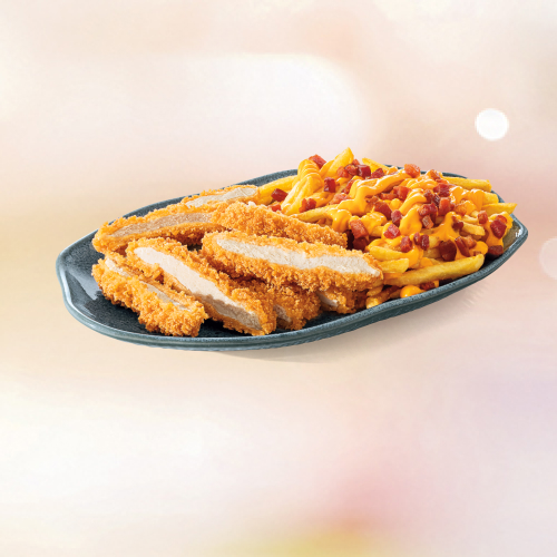 Frango empanado crocante acompanhado de batata frita com generosas camadas de cheddar derretido e bacon crocante. A combinação perfeita que você estava procurando!