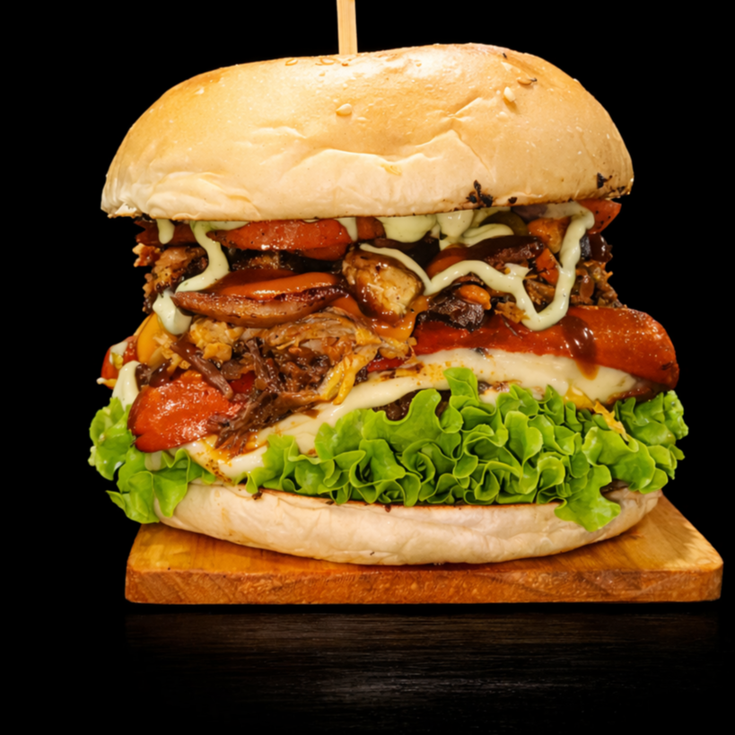 Carne assada de panela desfiada, carne de hambúrguer, frango, salsicha, calabresa, queijo , presunto, bacon, cheddar, cebola caramelizada, ovo, salada uma explosão de sabores pra você se deliciar