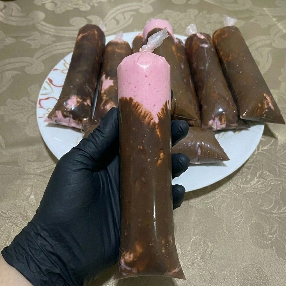 Sacolé com mousse de morango, envolto por uma casquinha crocante de chocolate meio amargo. Combinação perfeita entre chocolate intenso e recheio suave, ideal para quem ama um doce gelado marcante. 🍫🍓 Porção: 150g casquinha de chocolate meio amargo • sabor intenso • combinação irresistível