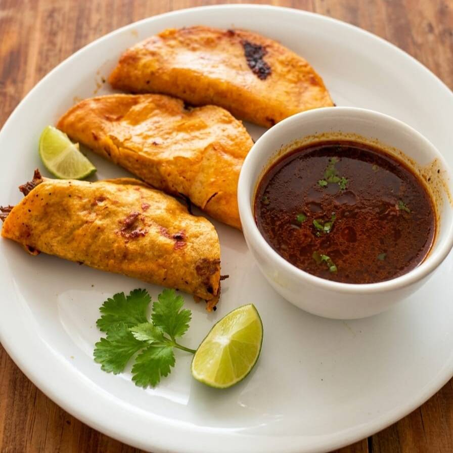 Consome de birria y 3 tacos