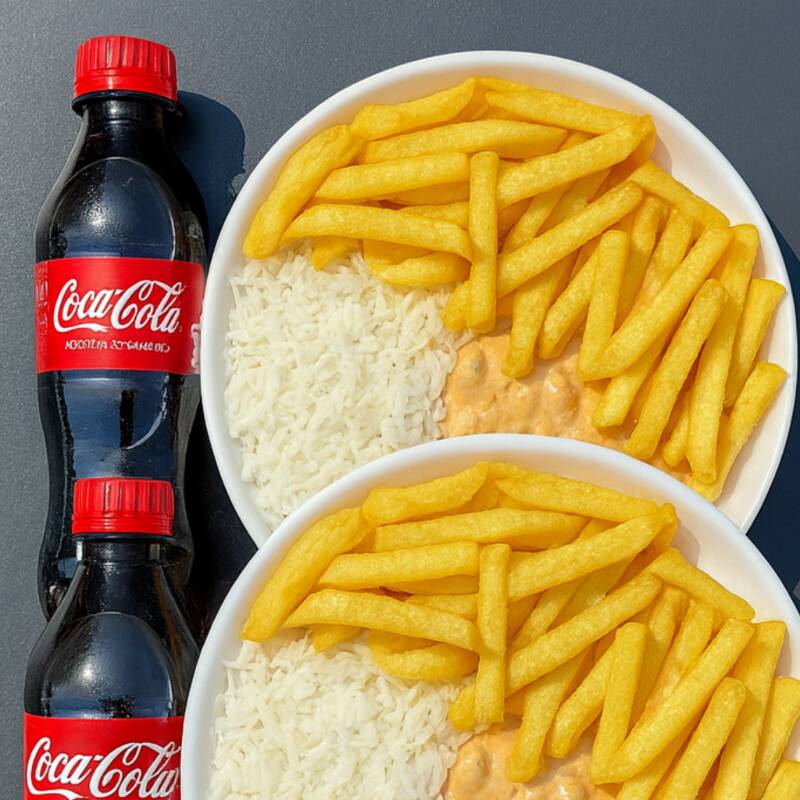 Marmita com delicioso filé de frango ao molho estrogonofe acompanhado de arroz branco e batatas fritas. Acompanha refrigerante pet Coca Cola bem gelado. Marmita indicada para 01 pessoa.