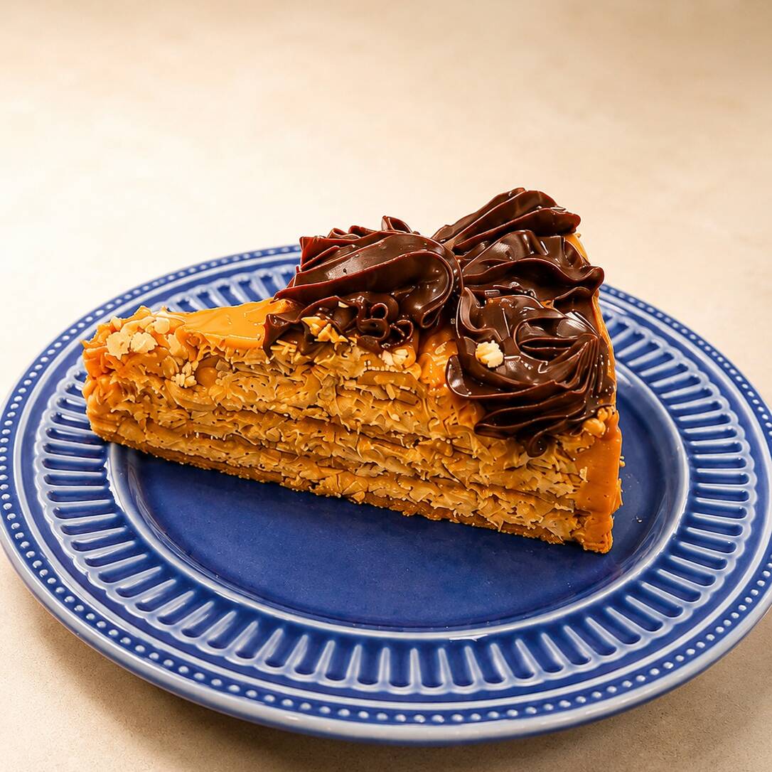 Creme de doce de leite intercalado com bolachas e café e cobertura de ganache de chocolate.
Aquele equilíbrio do doce com o amarguinho inconfundível do café ! Hummmm...