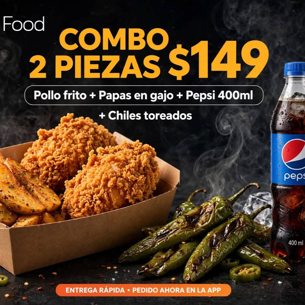 2 POLLO FRITO CON PAPAS EN GAJO 1 PEPSI 400 ML